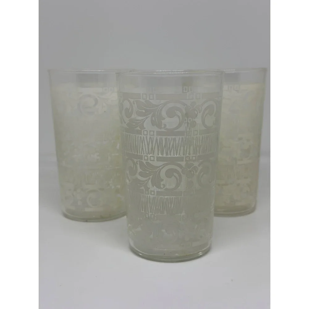 VTG Anchor Hocking White Mist Glass Tumblers | Set of 3, Floral & Scroll Pattern